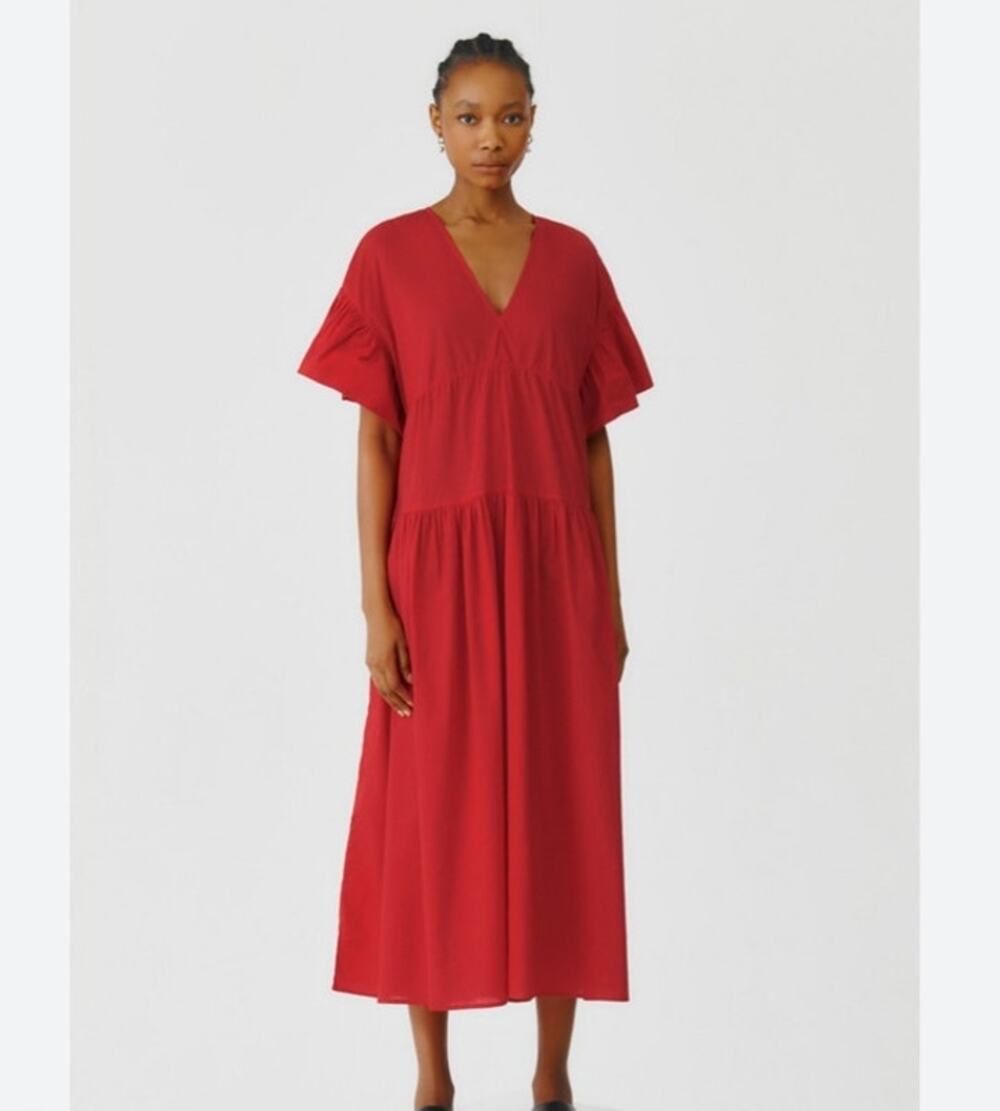 Kowtow Theory Dress XS Red Organic Cotton Fair Trade Tiered Midi Maxi Dress